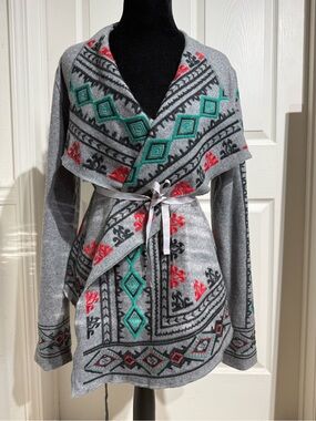 Freeway Women's Grey Boho Aztec Embroidered Belted Wrap Cardigan Wool Blend, S